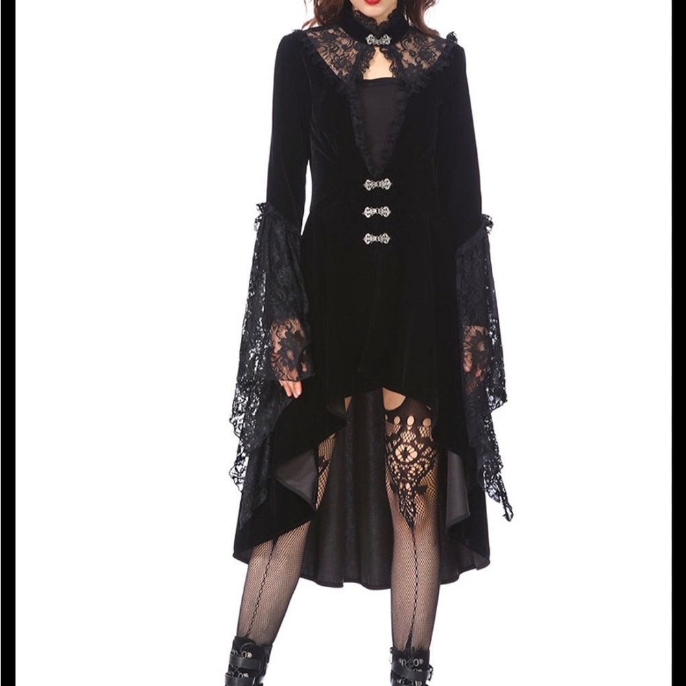 Gothic Women’s Velvet Jacket Parade Tailcoat with Lace Details. Size S